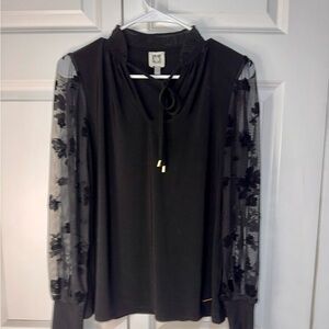 Anne Klein Black Blouse Sheer Floral Sleeves Small Tie Neck (Business Casual)